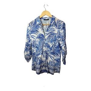 TANGO MANGO Women’s Snap Down Palm Print Blouse White/Blue Size Medium